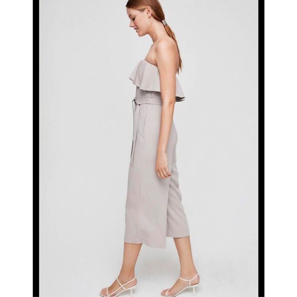 Babaton Romper Size 4 Nude Cropped Off Shoulder Wide Leg Sleeveless Romper Ruffl - Picture 2 of 16